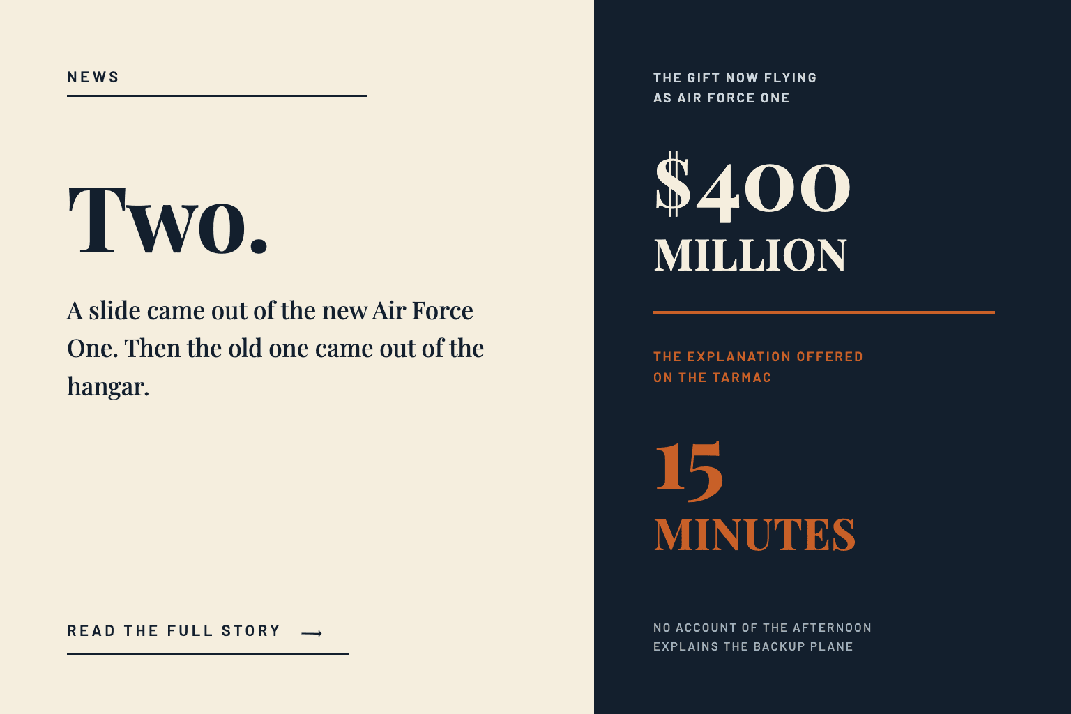 Editorial card reading Two, over a deck saying a slide came out of the new Air Force One and then the old one came out of the hangar, beside two figures: 400 million dollars for the gift now flying as Air Force One, and 15 minutes, the explanation offered on the tarmac.