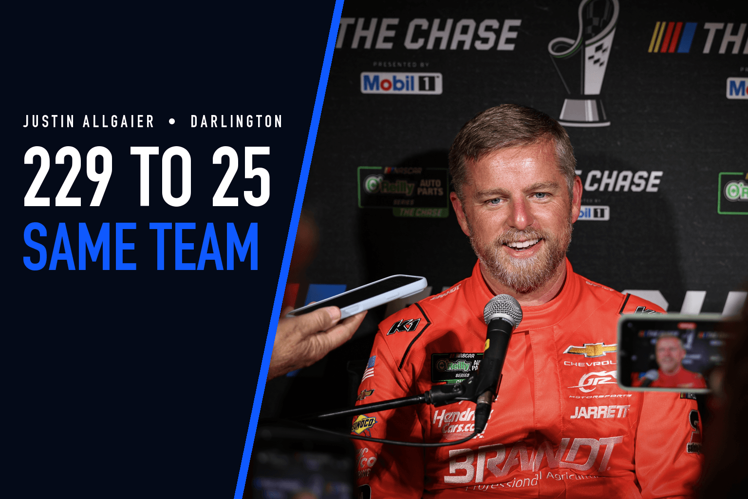 Justin Allgaier speaks to reporters at NASCAR Chase Media Day beside text reading 229 to 25, same team.