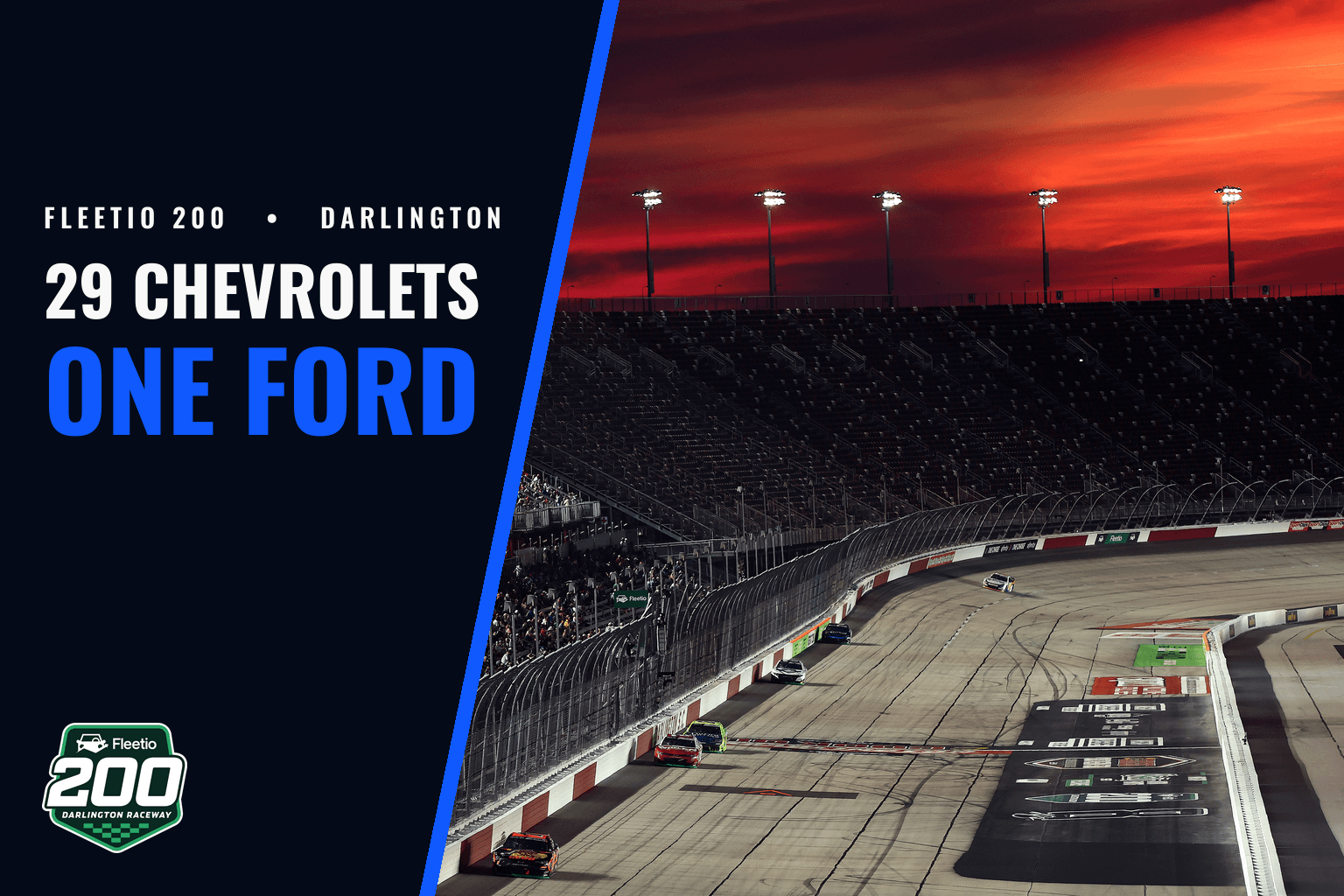 Cars run at Darlington Raceway under a red sunset, beside text reading 29 Chevrolets, one Ford.