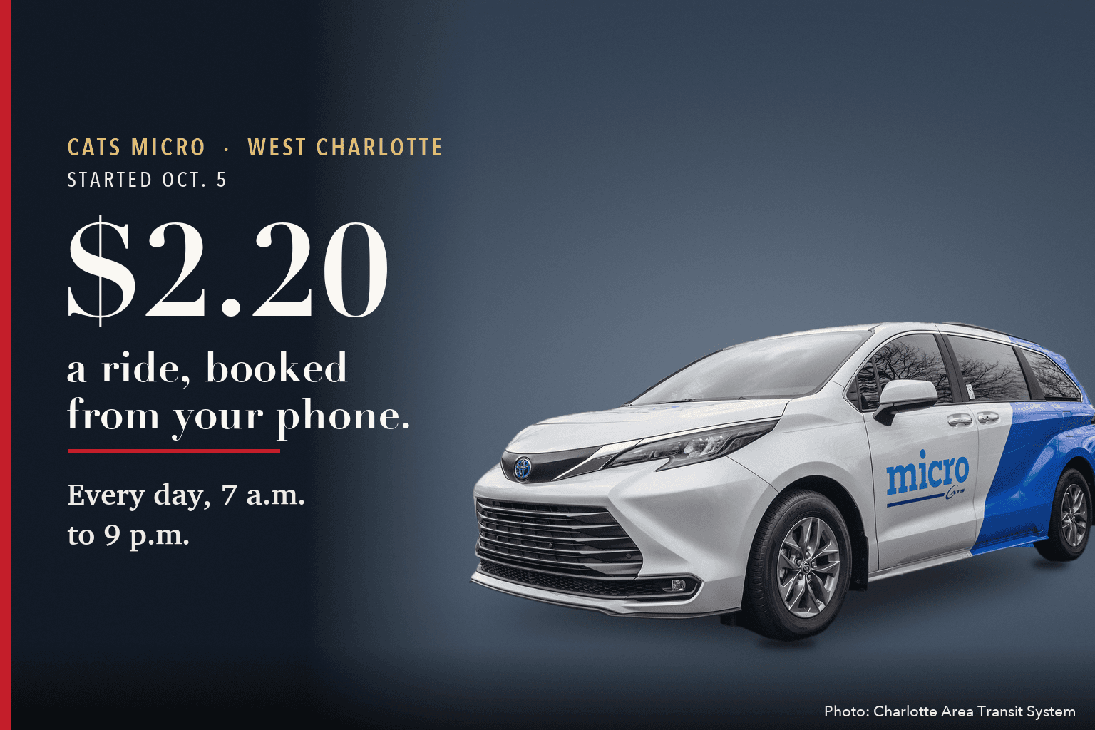 A white and blue CATS Micro van, beside text reading $2.20, a ride, booked from your phone, every day 7 a.m. to 9 p.m.
