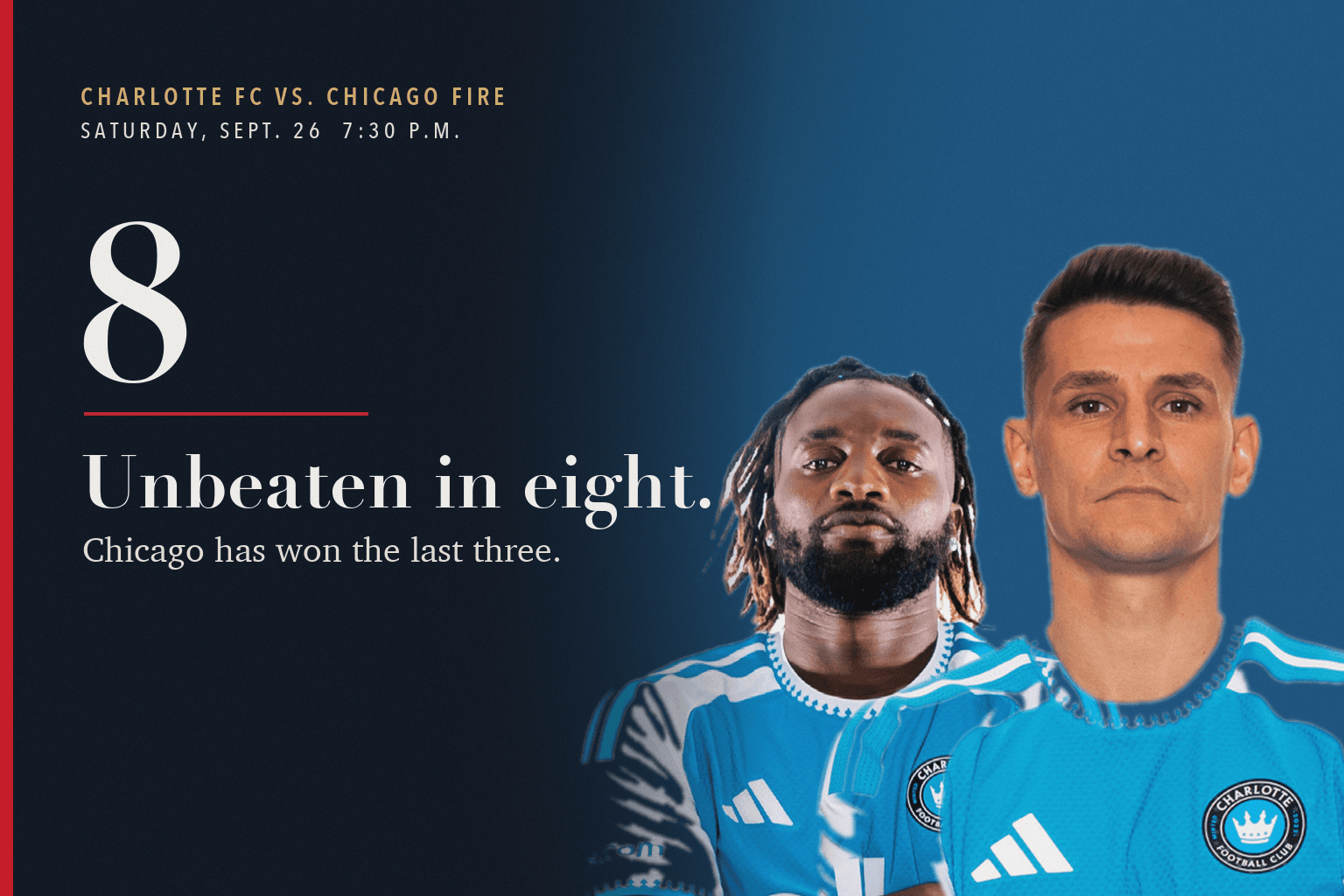 Official 2026 headshots of Charlotte FC captain Ashley Westwood and Allan Saint-Maximin, with the words Unbeaten in eight