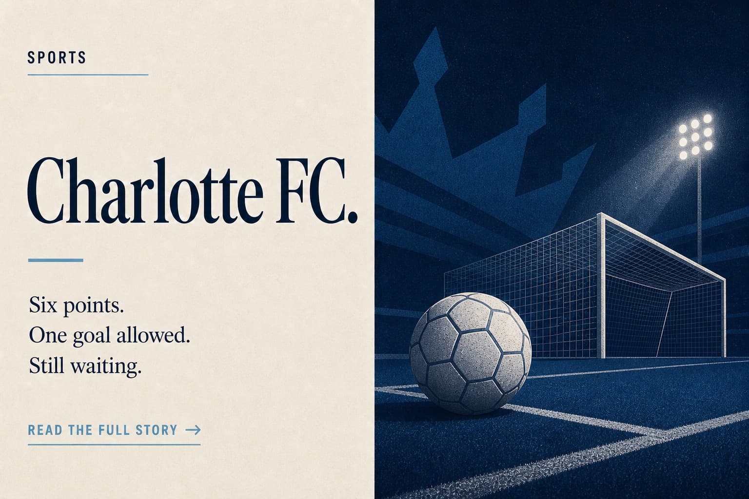 A Charlotte Mercury sports graphic for Charlotte FC coverage with a soccer ball, goal and stadium lights beside text about six points and still waiting.