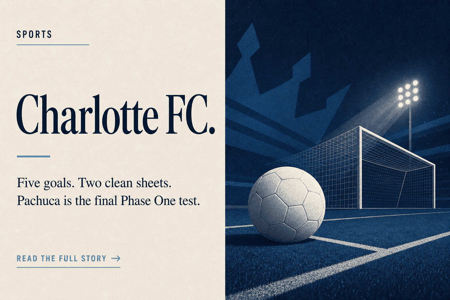 A sports graphic for Charlotte FC shows a soccer ball in front of a goal under stadium lights with text about five goals, two clean sheets and Pachuca as the final Phase One test.
