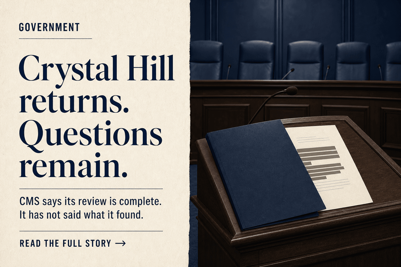 An editorial illustration shows a CMS board chamber, empty seats and a lectern holding a navy folder over a partly concealed briefing page.