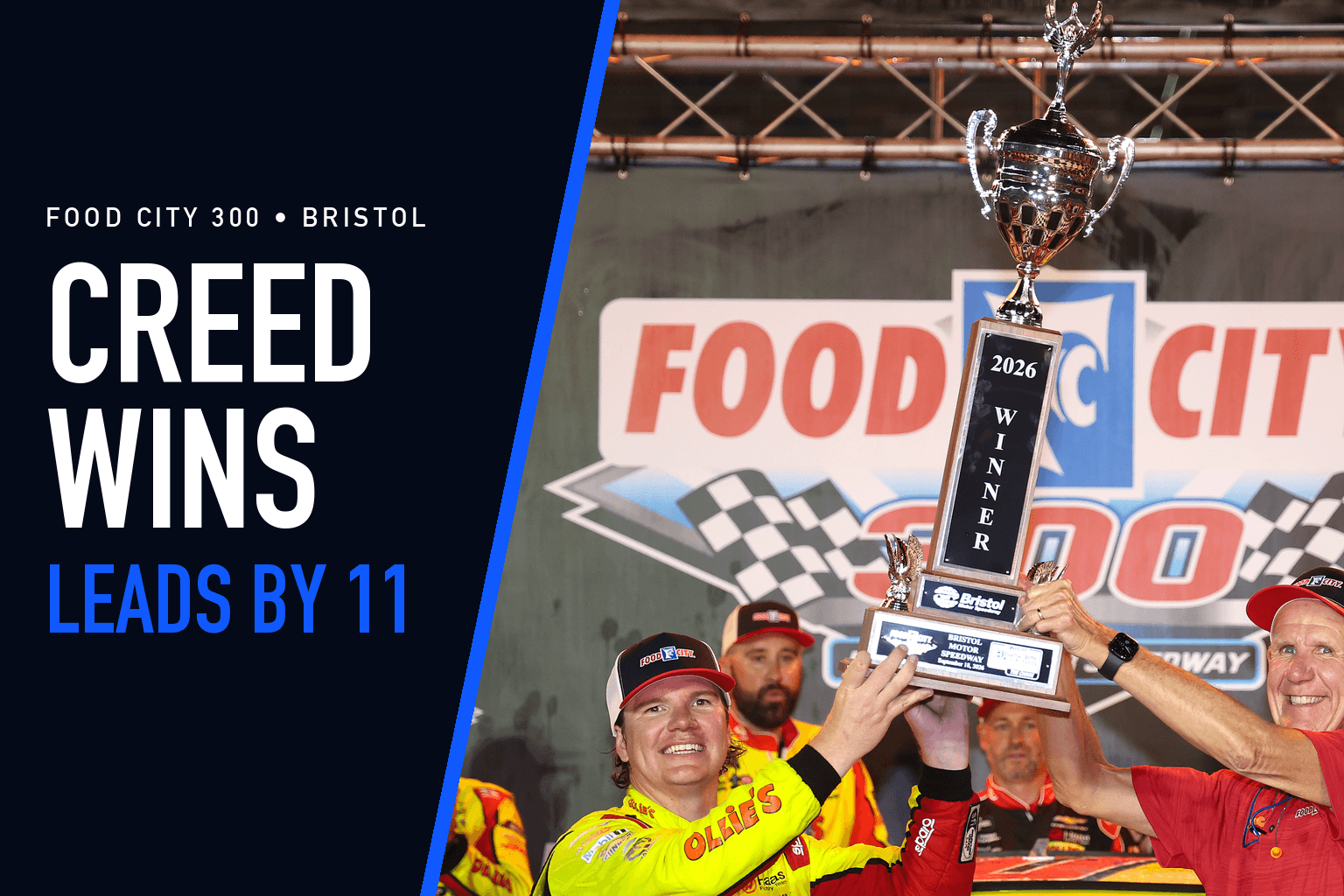 Sheldon Creed lifts the Food City 300 trophy in victory lane at Bristol Motor Speedway, beside text reading Creed wins, leads by 11.