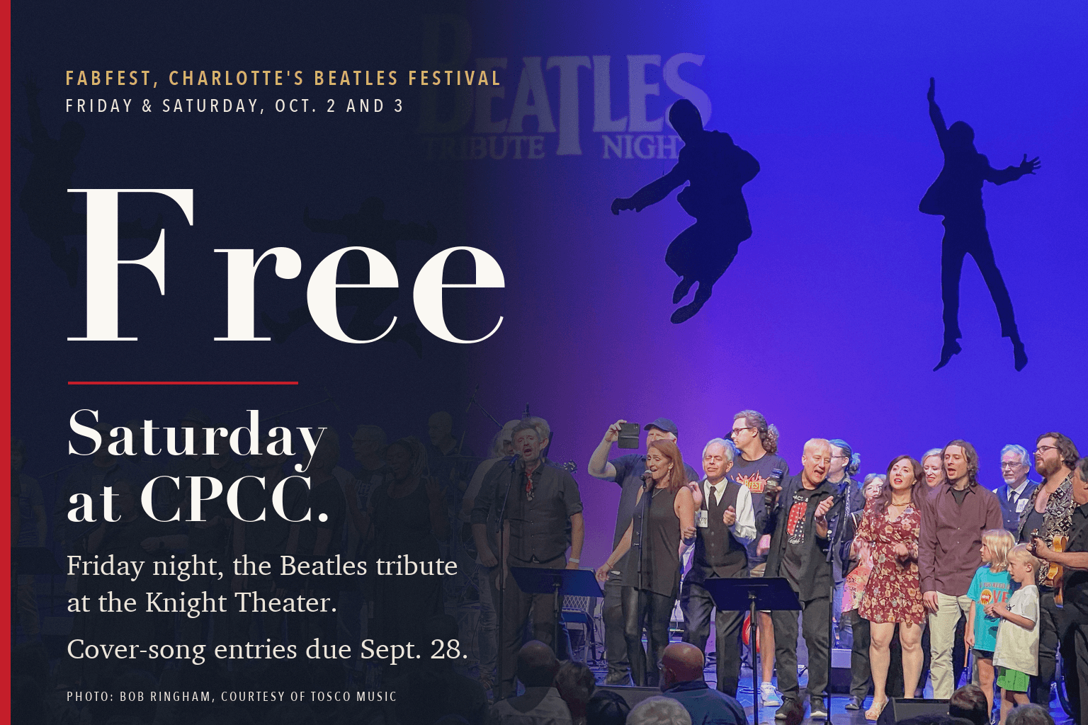 Performers and children sing together on stage at the Tosco Music Beatles Tribute under jumping silhouettes, beside text reading FabFest, Charlotte's Beatles Festival, Free Saturday at CPCC.