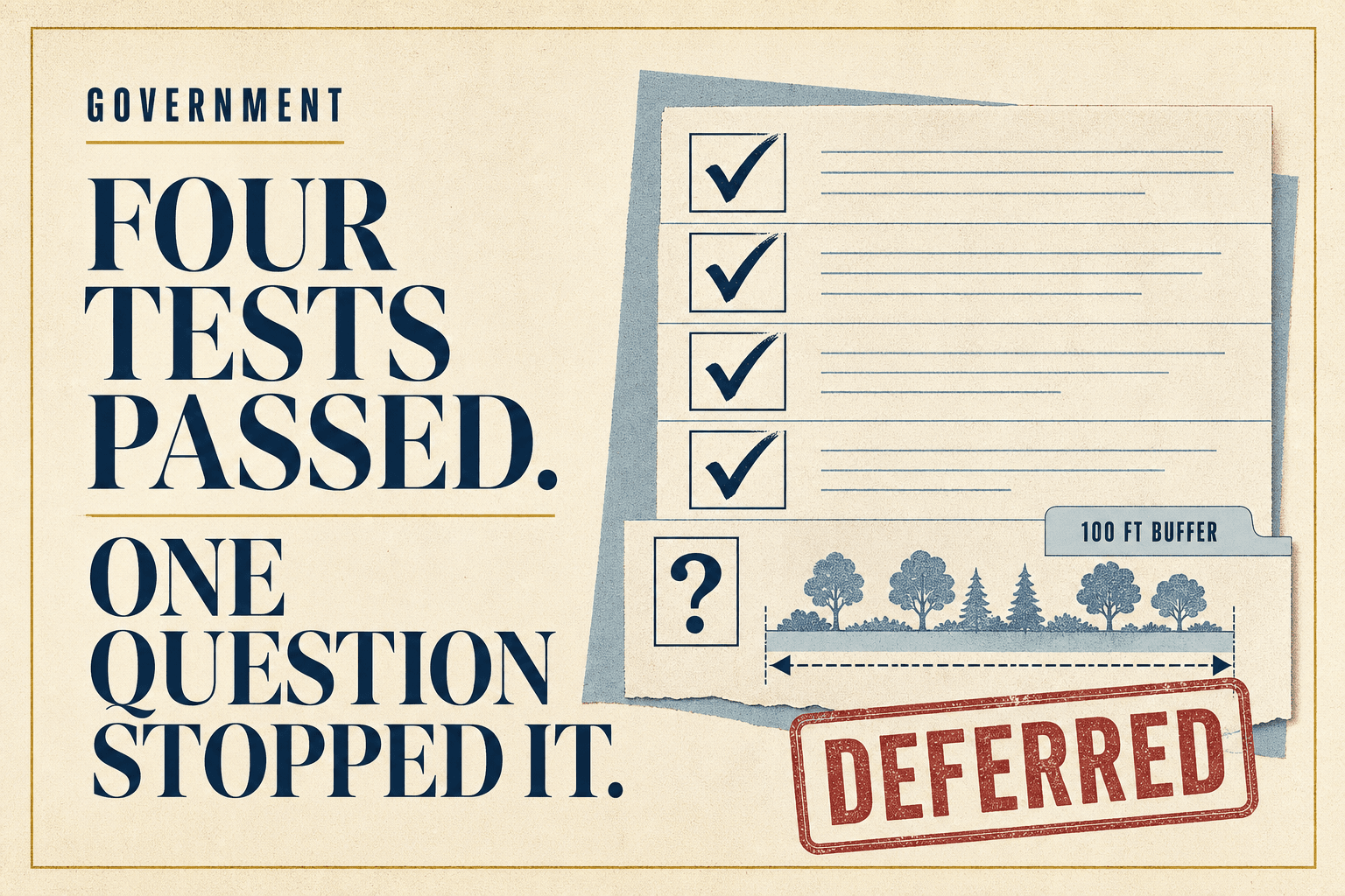 A Charlotte Mercury government graphic shows four completed consent-agenda tests above an unresolved 100-foot landscape-buffer question stamped deferred.