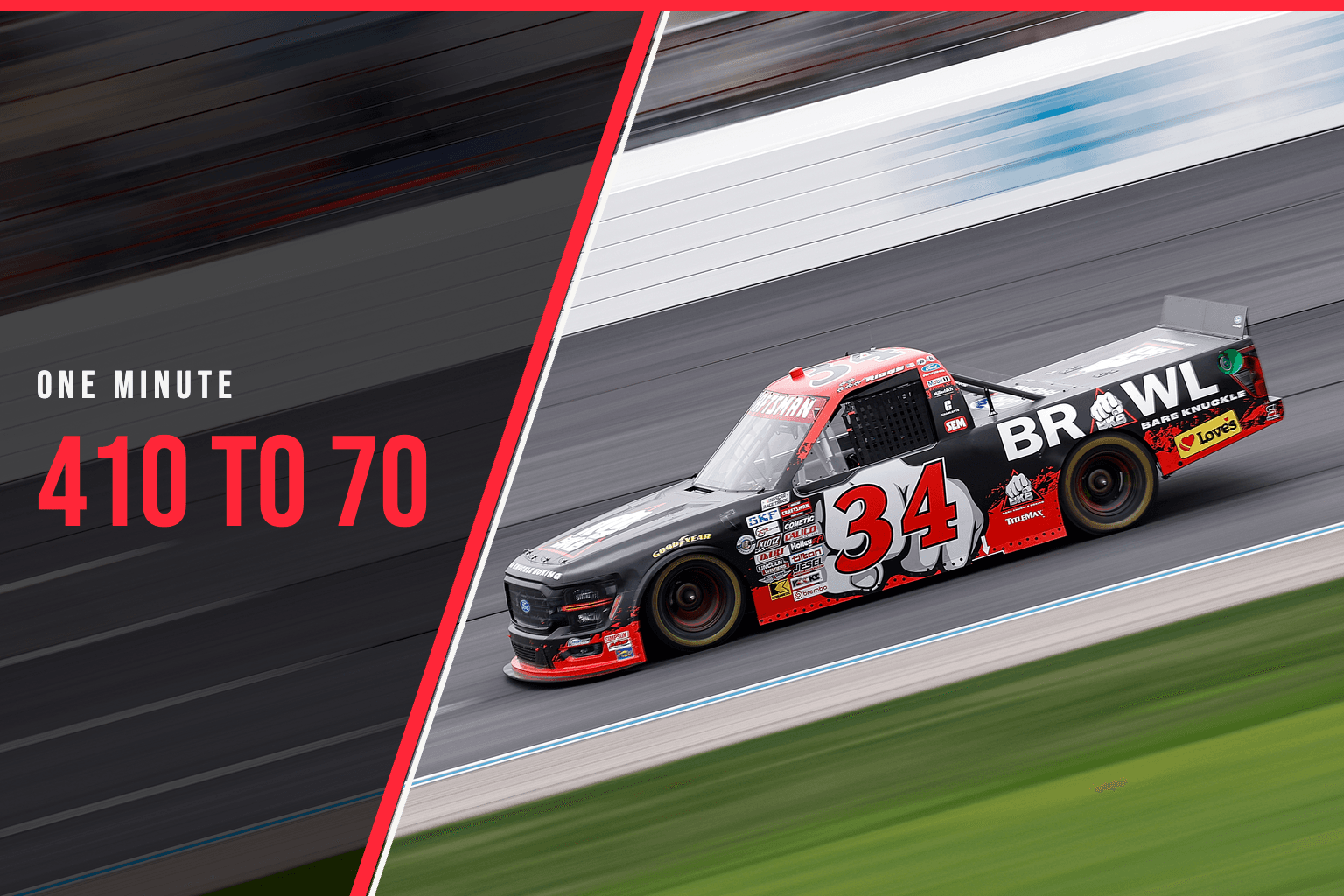Layne Riggs drives the No. 34 truck at New Hampshire beside the words ‘One Minute, 410 to 70,’ illustrating the Truck Series playoff reset.