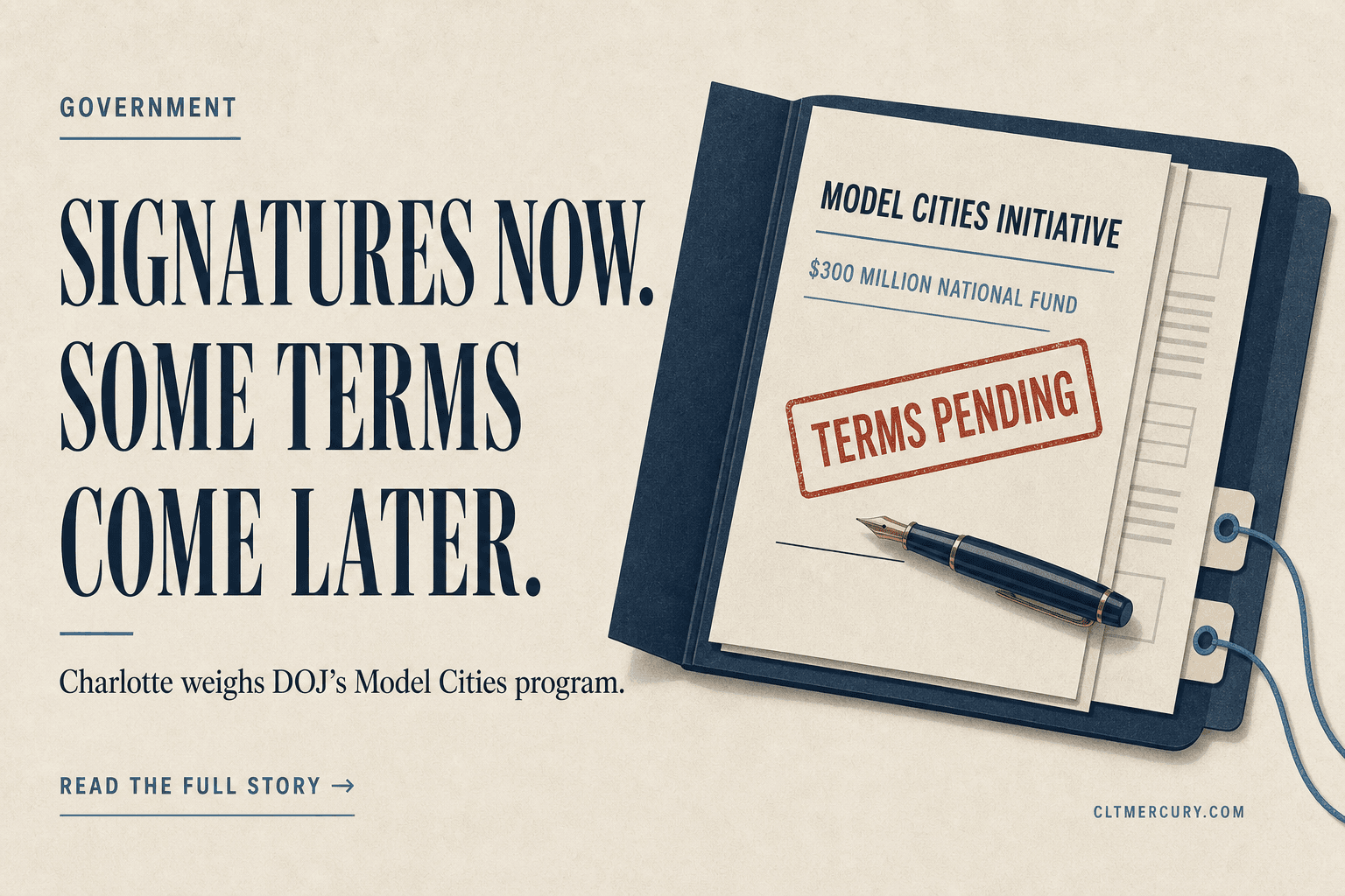 Illustration of a folder containing Model Cities Initiative documents marked “Terms Pending,” with headline text reading “Signatures now. Some terms come later.”