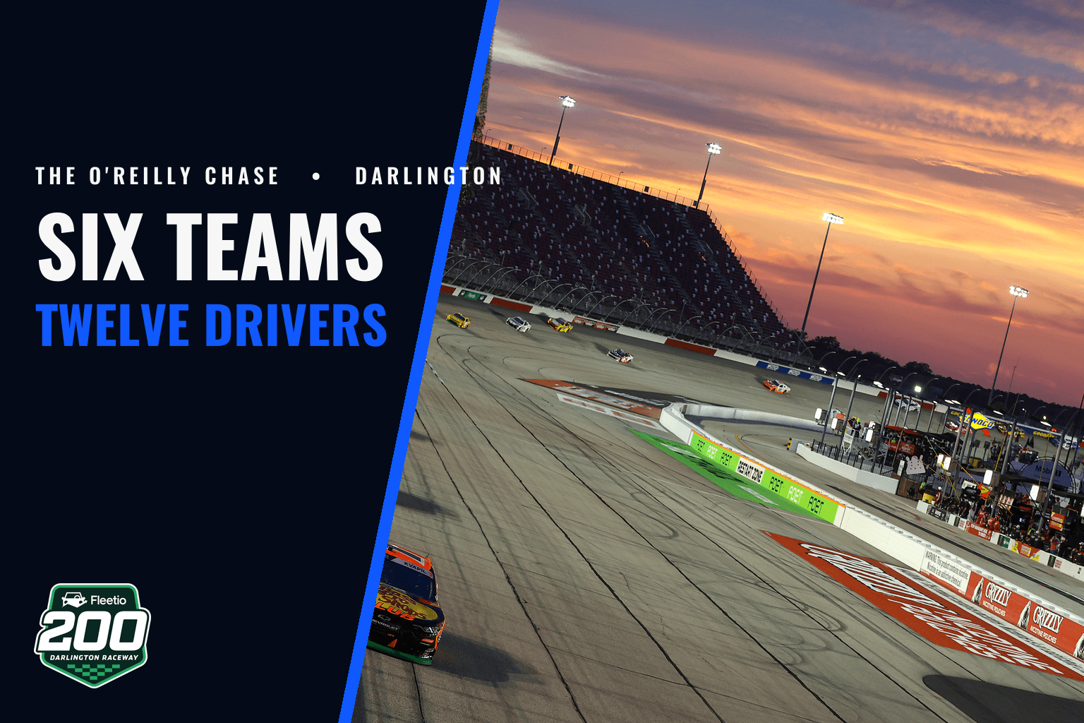 Cars strung out around Darlington Raceway at sunset, beside text reading six teams, twelve drivers.