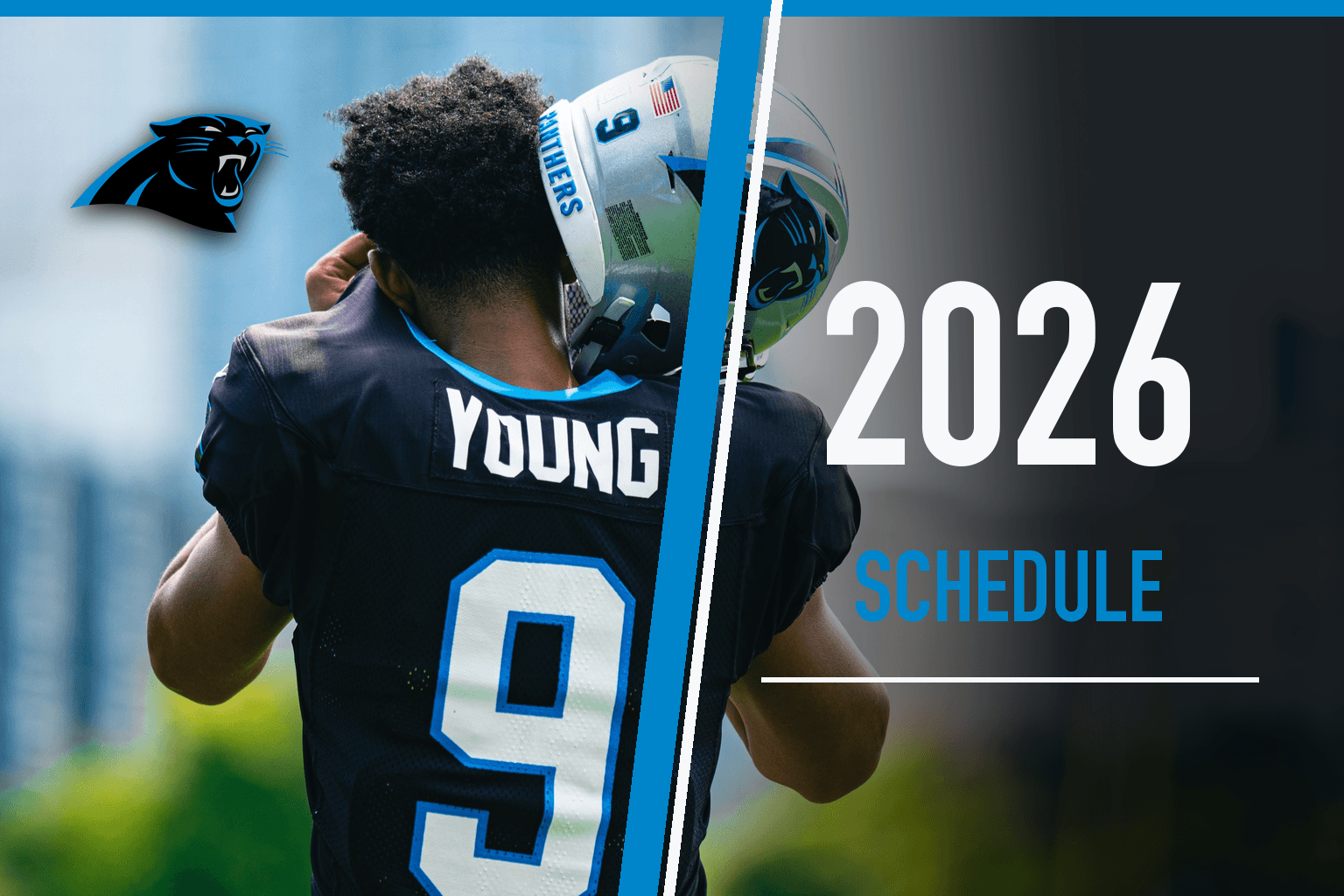 Bryce Young stands on the practice field with the Charlotte skyline behind him in a Charlotte Mercury 2026 schedule graphic.