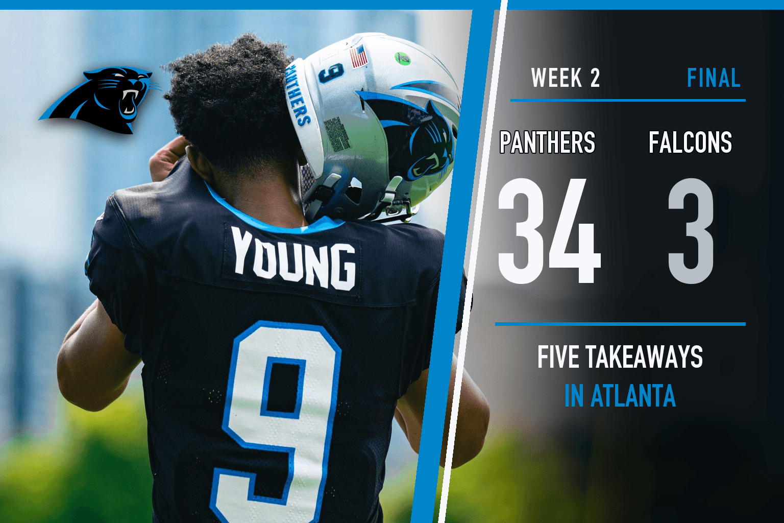 Bryce Young, No. 9, at Panthers training camp, with the Week 2 final score, Panthers 34, Falcons 3