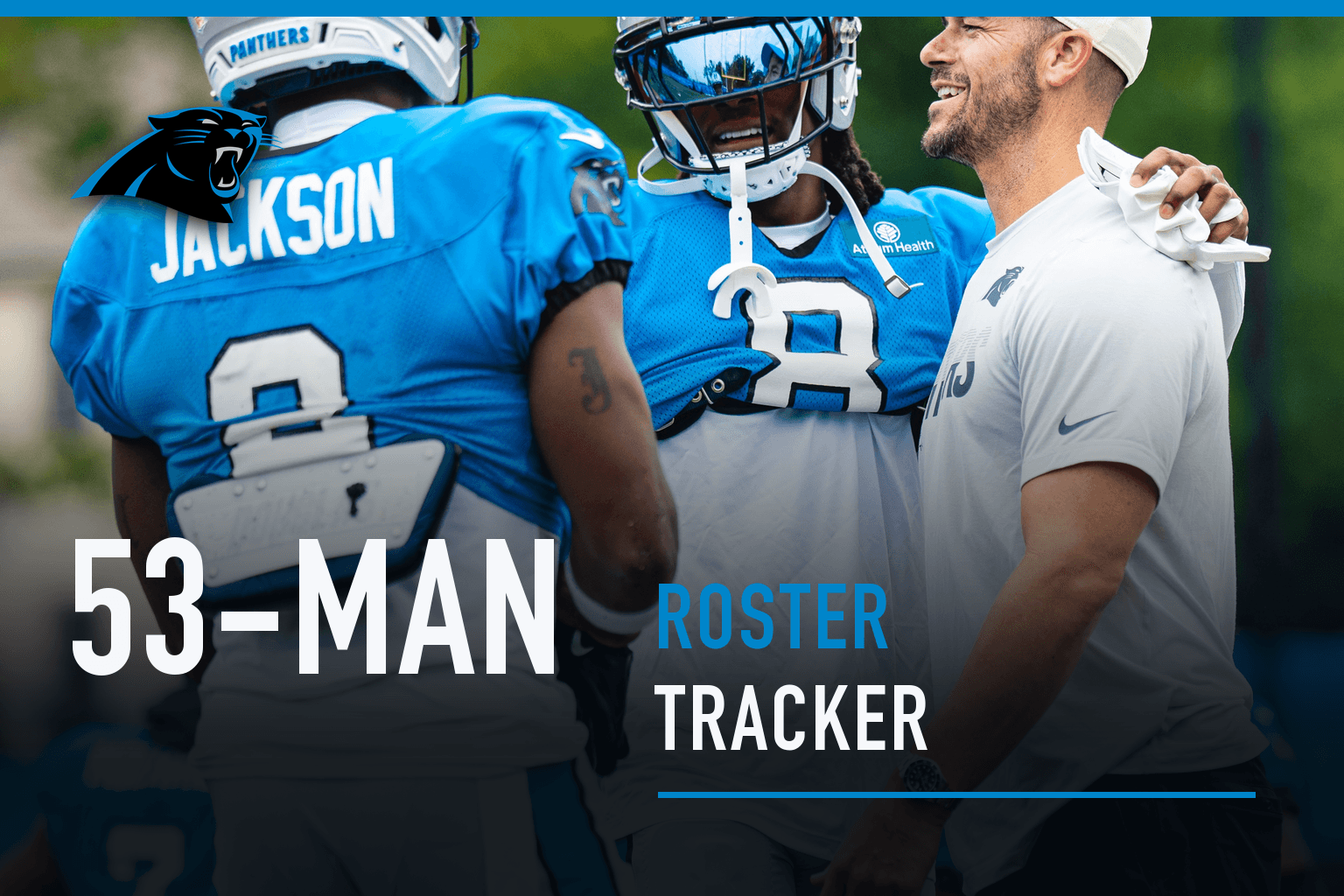 Panthers head coach Dave Canales stands between Mike Jackson and Jaycee Horn during training camp in a Charlotte Mercury roster tracker graphic.
