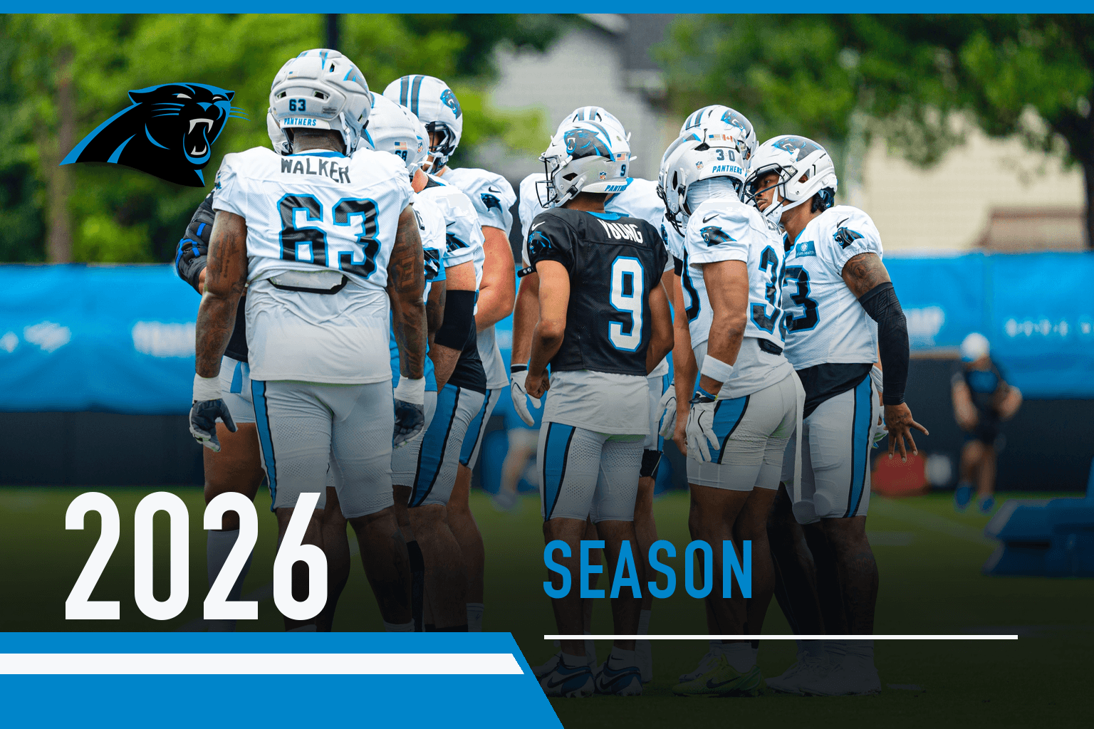 Carolina Panthers players gather around quarterback Bryce Young during 2026 training camp, with Charlotte Mercury season coverage graphics.