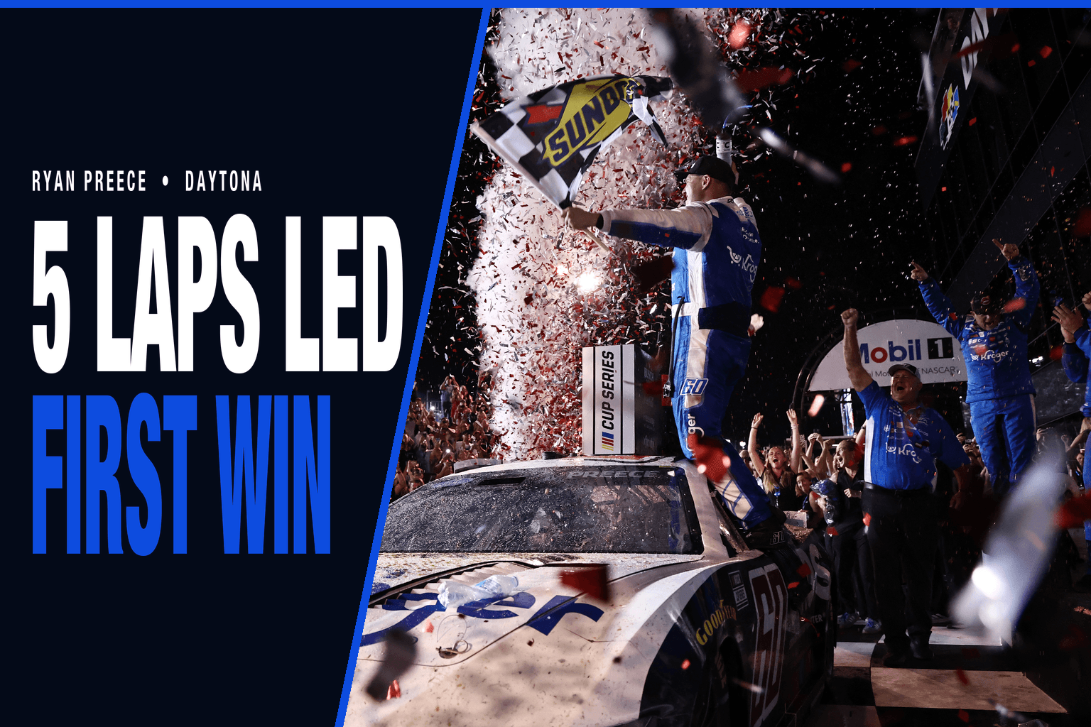 Ryan Preece stands on his No. 60 Ford in Daytona victory lane waving a checkered flag, beside text reading 5 laps led, first win.
