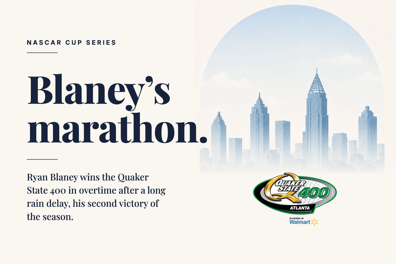 NASCAR Cup Series recap: Blaney's marathon — Atlanta skyline with the Quaker State 400 logo