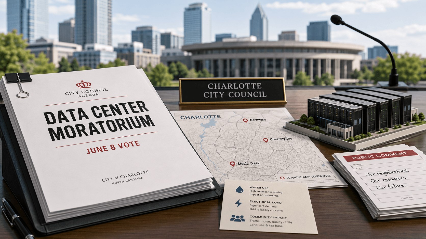 Charlotte residents at City Hall opposing new data centers ahead of a June 8 vote
