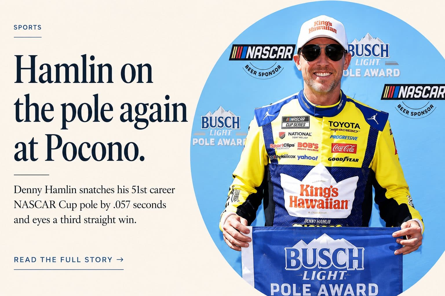 Denny Hamlin, driver of the No. 11 Joe Gibbs Racing Toyota, with the Busch Light Pole award after a NASCAR Cup Series qualifying session. (File photo)