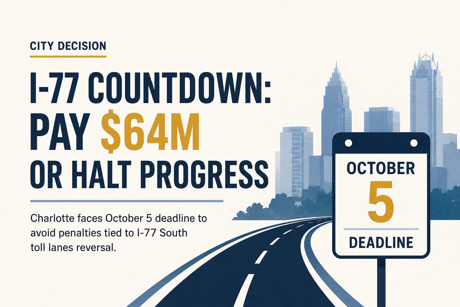 An illustrated news graphic shows the Charlotte skyline, a highway and a calendar marked October 5 alongside text about an I-77 deadline to pay $64 million or halt progress.