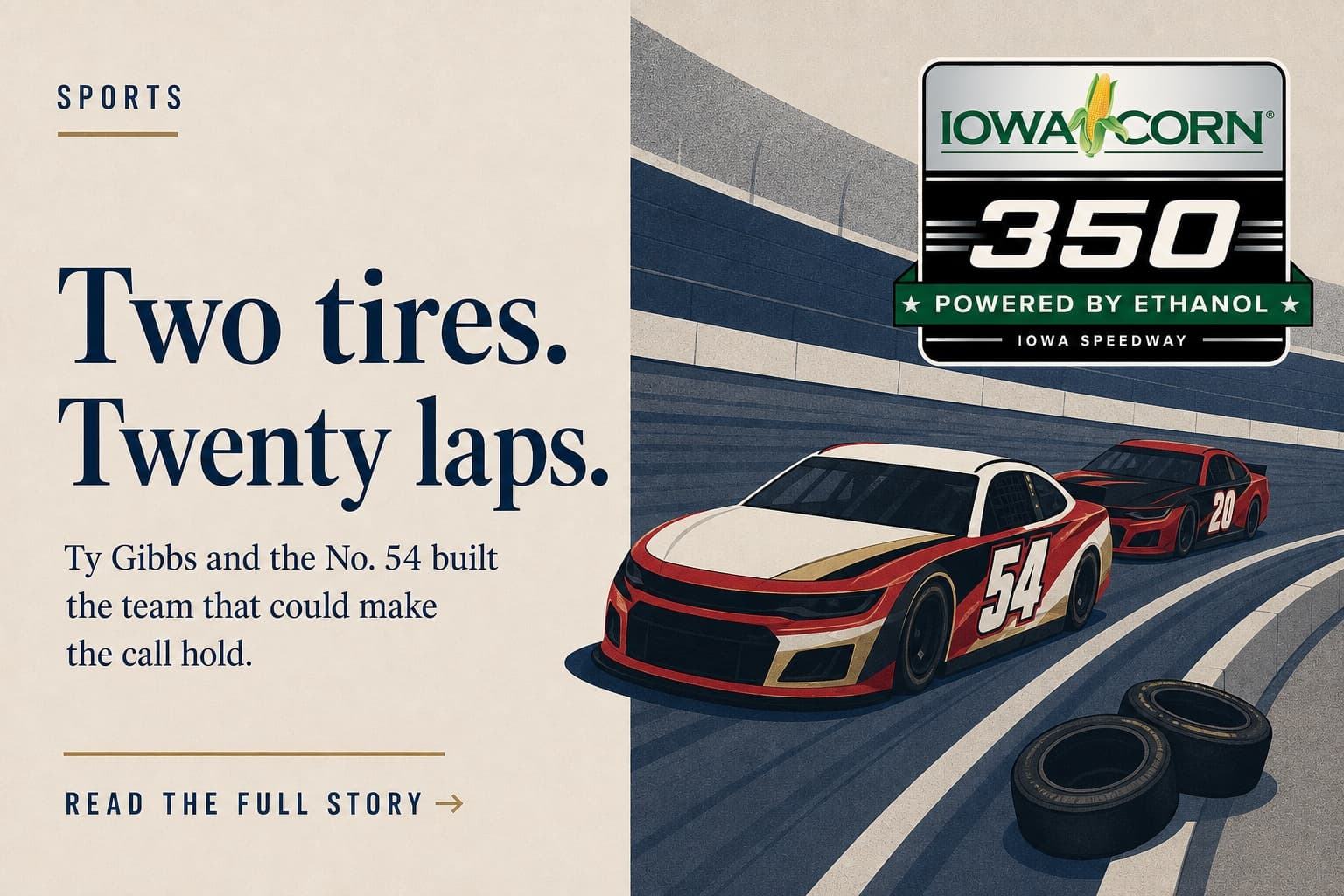 A sports story graphic shows two stock cars racing at Iowa Speedway beside the Iowa Corn 350 logo and the headline "Two tires. Twenty laps."