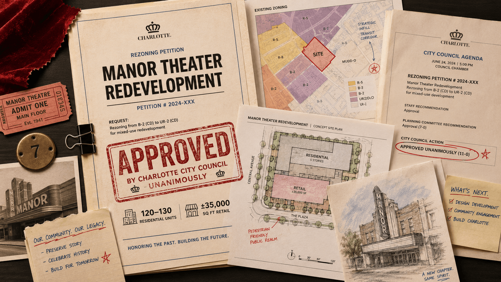 Charlotte city government building representing the Charlotte City Council vote to approve the Manor Theater redevelopment on Providence Road