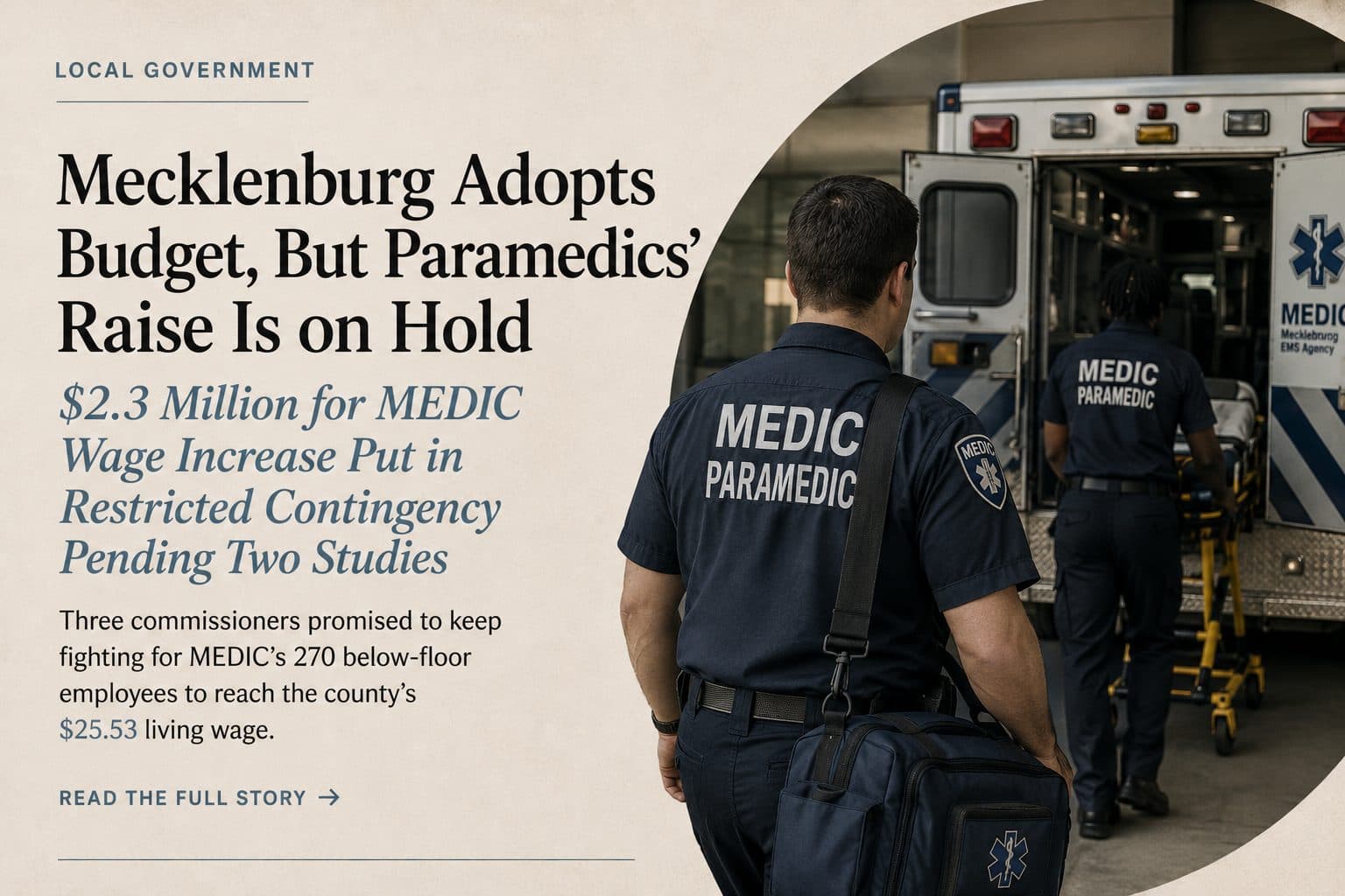 Charlotte city government building representing Mecklenburg County's FY27 budget adoption and the MEDIC wage-floor move held in restricted contingency