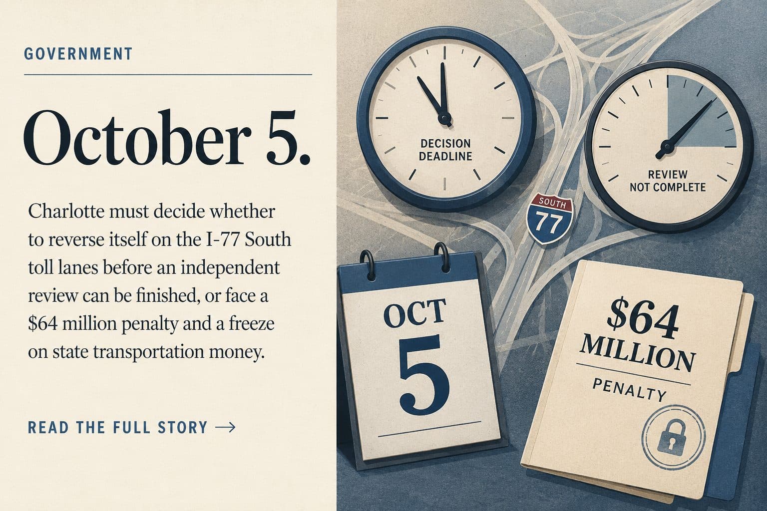 An illustrated news graphic shows an October 5 deadline for Charlotte to decide on I-77 South toll lanes, with clocks, a calendar, a highway map and a $64 million penalty folder.