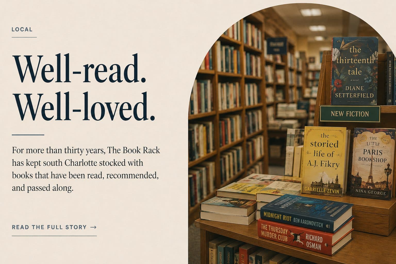 The Book Rack, a secondhand bookstore on Johnston Road in south Charlotte.